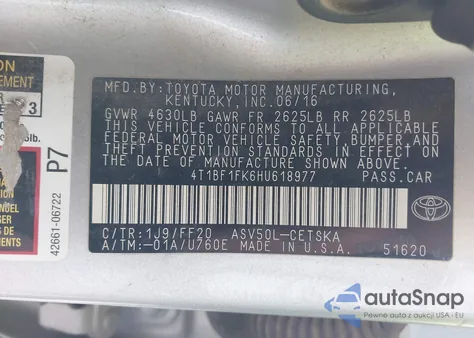 2017 Toyota Camry Se from USA, damaged, VIN 4T1BF1FK6HU618977